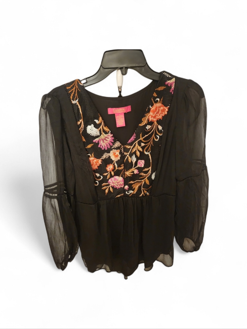 Catherine Malandrino Black Sheer Blouse with Pink & Orange Floral Embroidery